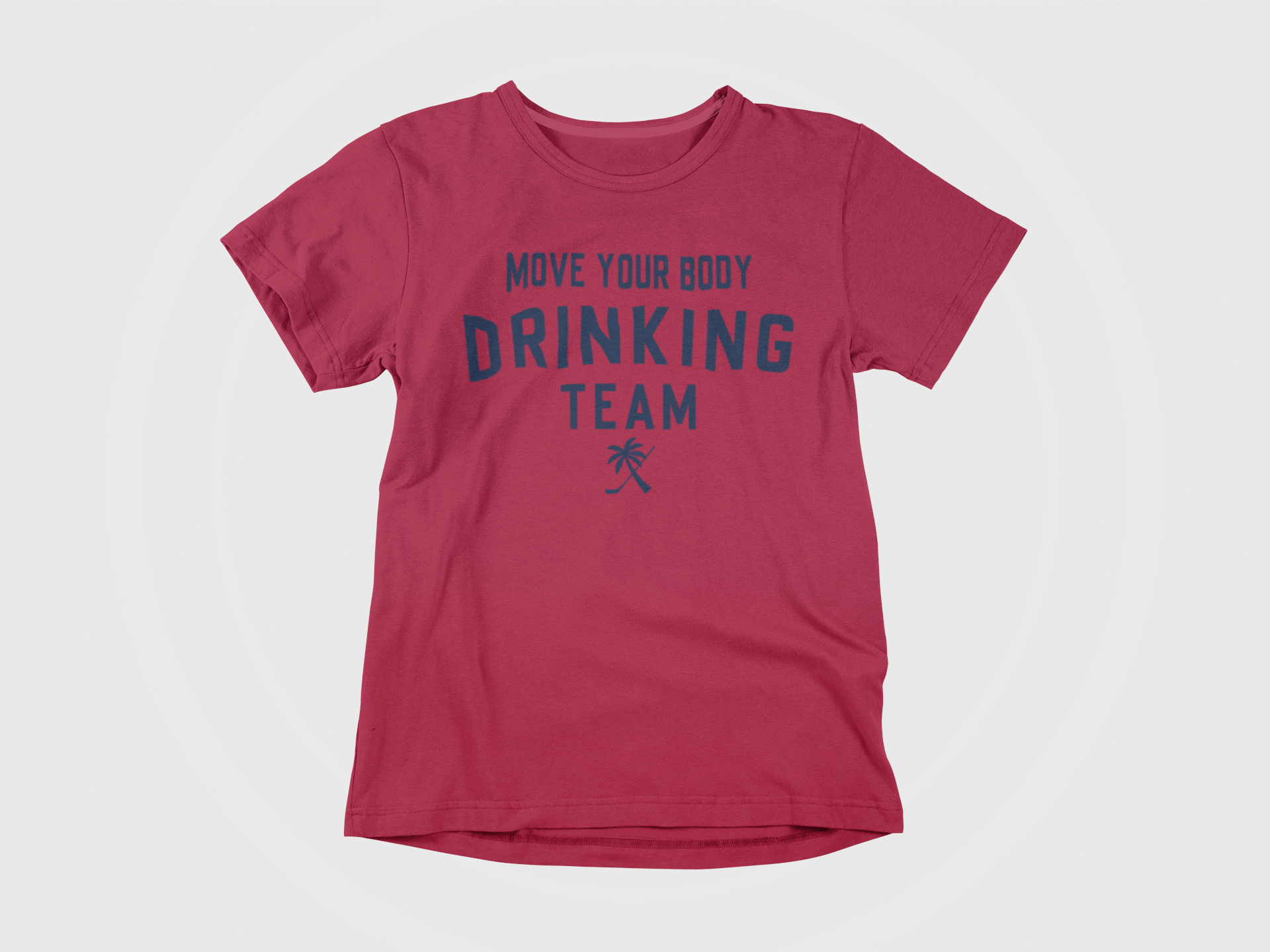 front of shirt, red shirt, navy lettering, palm tree and hockey stick, move your body drinking team, florida panthers, panthers goal song