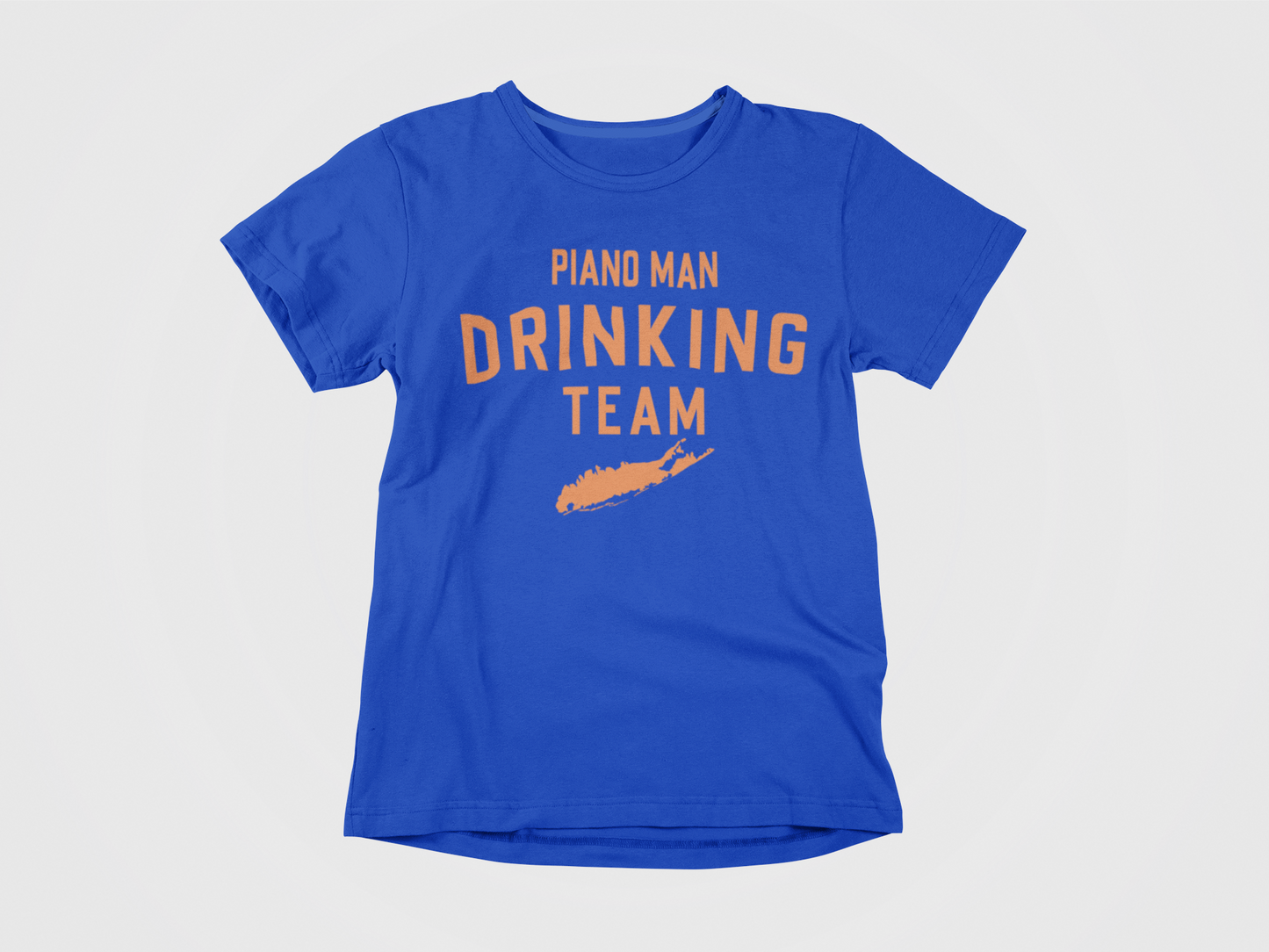 blue shirt, front of shirt, orange lettering, piano man drinking team, piano man, long island, new york mets, new york islanders