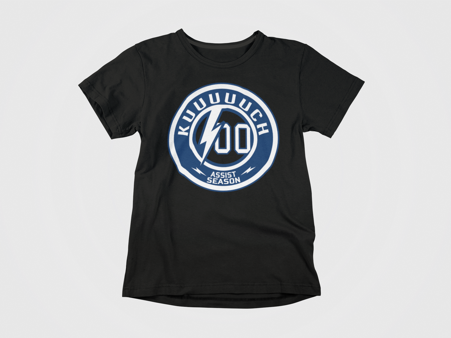 black shirt, front of shirt, lightning alternate logo, 100 assist season, kuch, tampa bay lightning, bolts