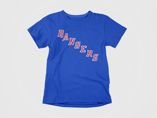 front of shirt, blue shirt, bangers in rangers font, diagnol, red and white lettering, new york rangers, rangers, bangers