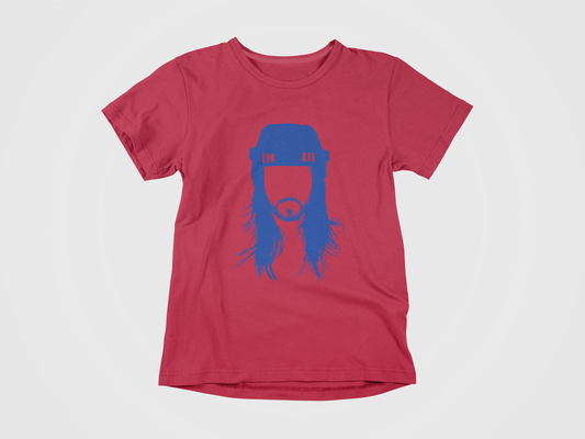 front of shirt, red shirt, head of mika zibanejad, zibby, outline of zibanejad, mika zibanejad, new york rangers, blue design