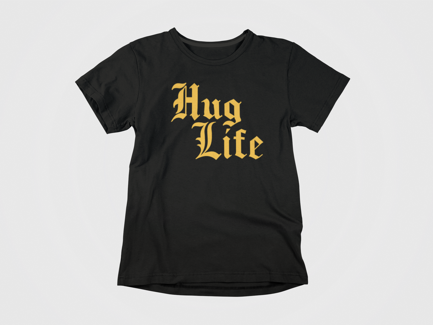 front of shirt, black shirt, yellow lettering, hug life, boston goalies