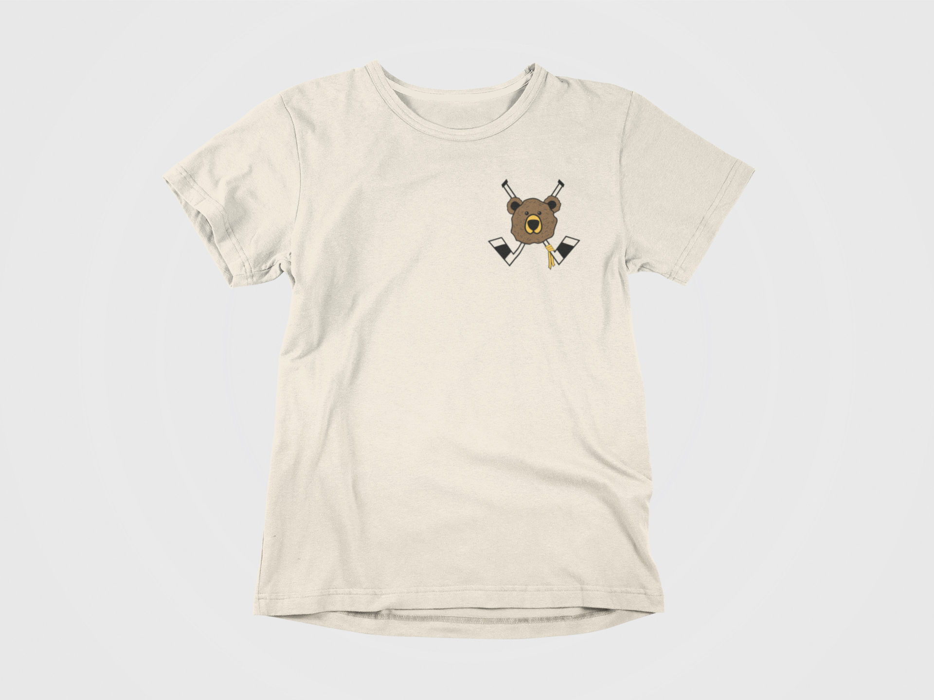 front of shirt, cream colored shirt, bear with hockey sticks, bruin with hockey sticks, bruin jolly roger, bear jolly roger, pasta hanging from hockey stick, dad pastrnack, boston bruins, bruins, brown bear