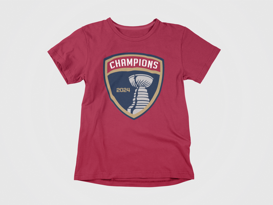 front of shirt, red shirt, florida panthers logo, champions, stanley cup in crest, 2024, florida panthers