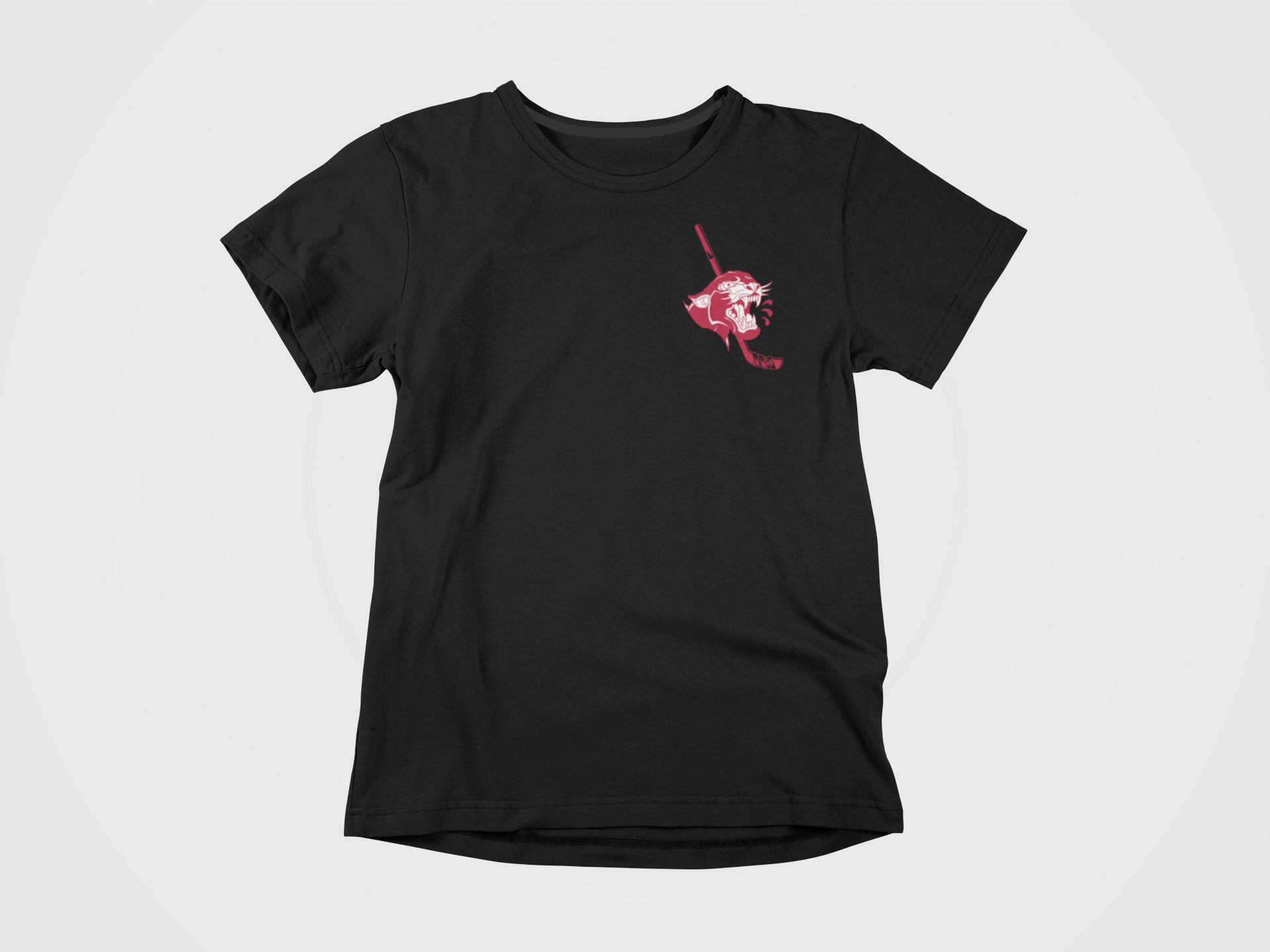 black shirt, front of shirt, red panther with hockey stick, old school tattoo, florida panthers