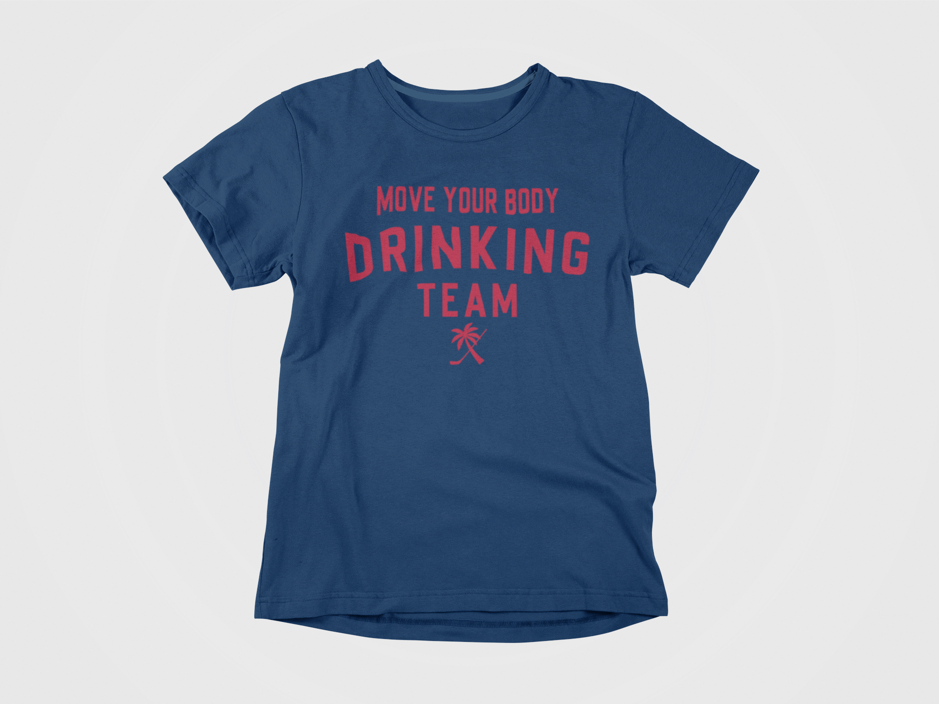 front of shirt, navy shirt, red lettering, palm tree and hockey stick, move your body drinking team, florida panthers, panthers goal song